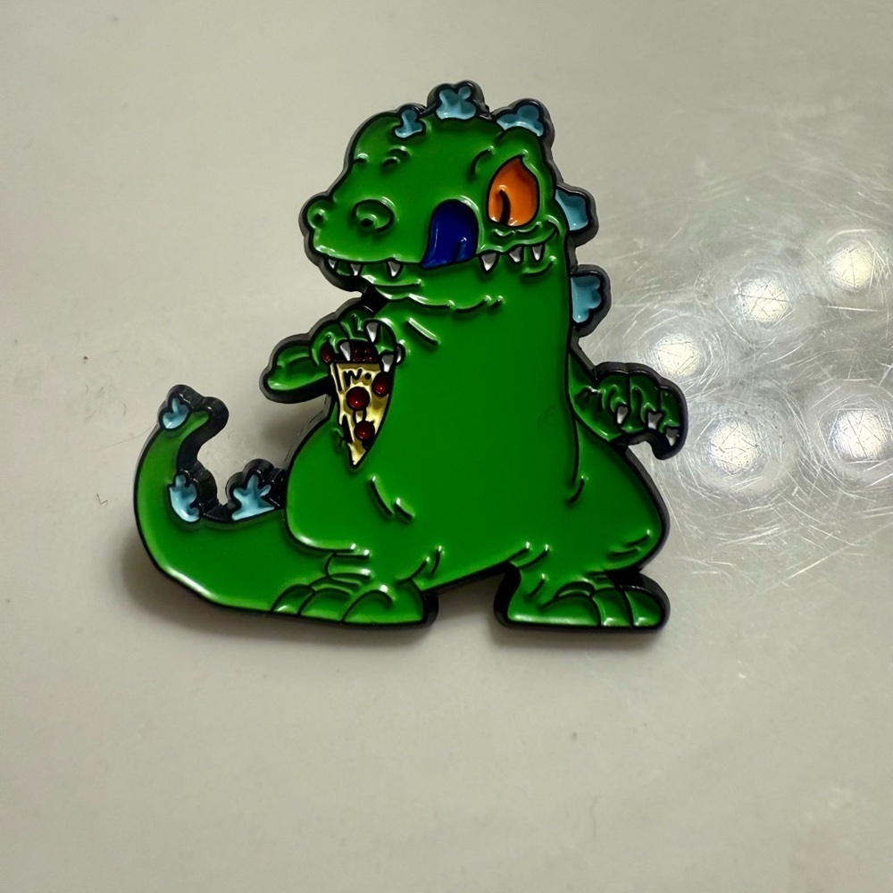 Women’s Jewelry Green Dinosaur Reptile with Blue Tongue Holding Pizza Anime Pin
